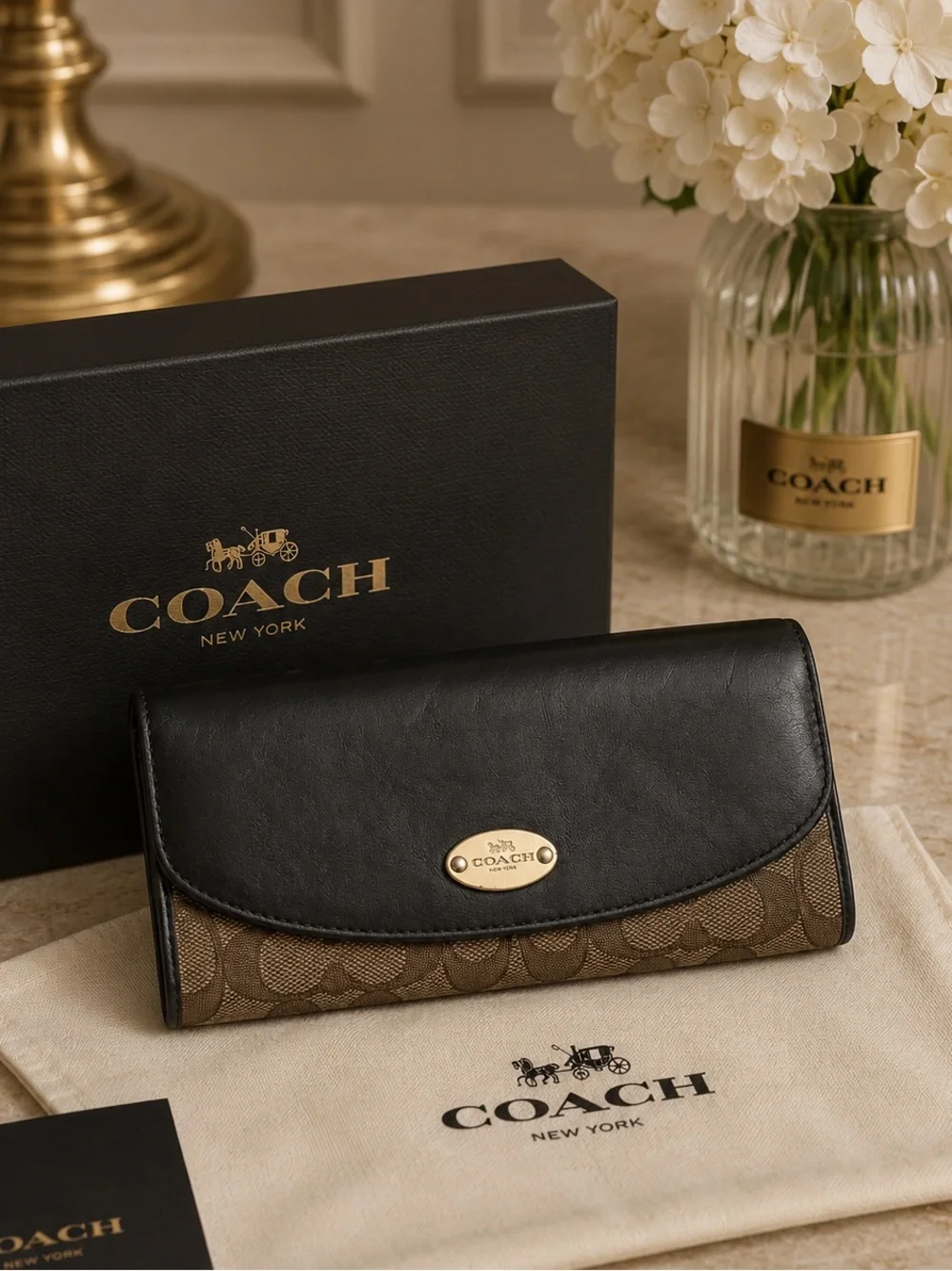 Coach Signature Canvas Slim‎ Envelope Wallet Black Brown Leather Gold Logo OS